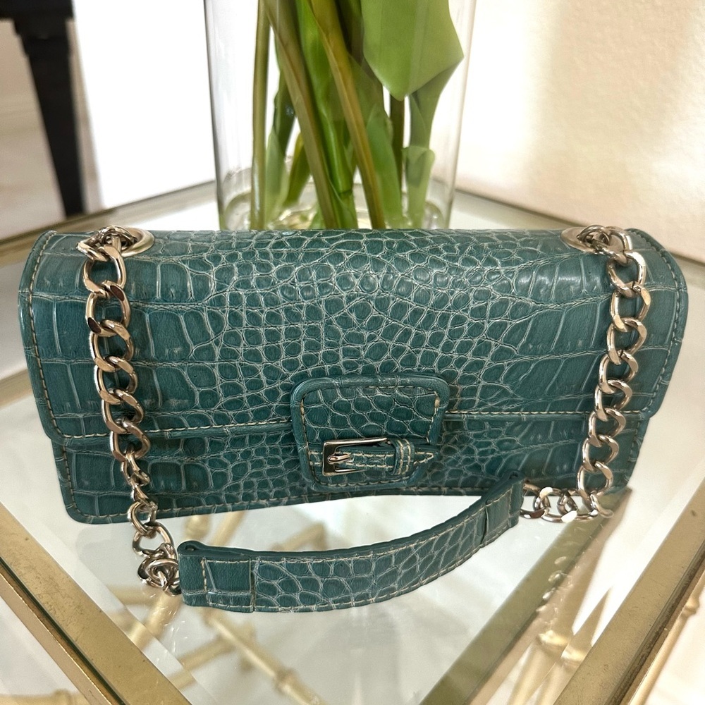 Liz Claiborne Teal Crocodile-Embossed Chain Strap Bag-Vintage Y2K Mini Purse